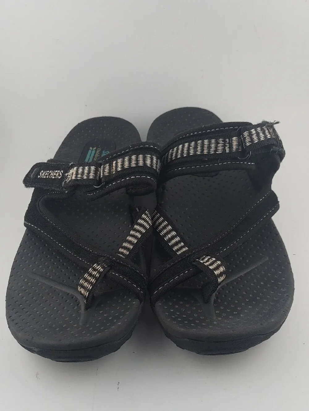 Skechers Womans Black Sandals with White-Striped Webbing
